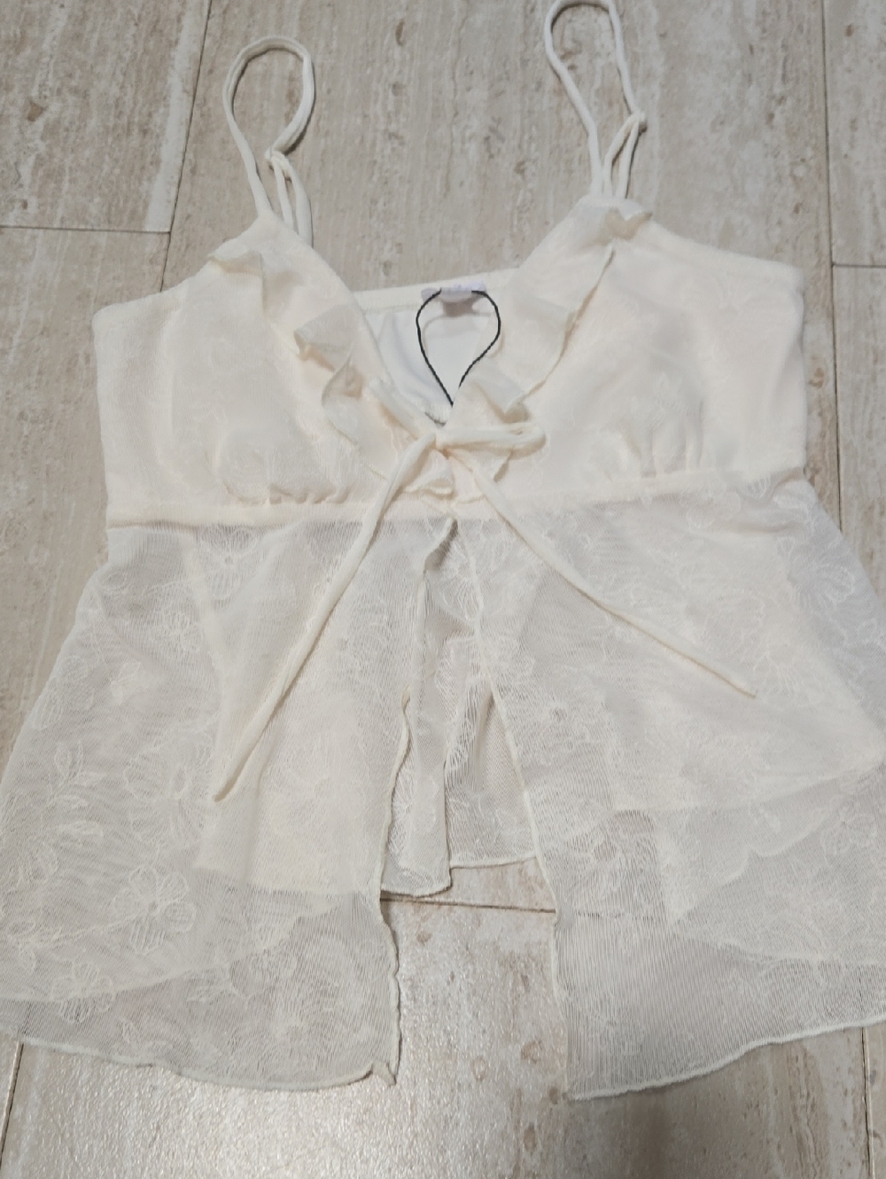 Garage Cream Sheer Floral Print Open Front Ruffle Trim Tank Blouse